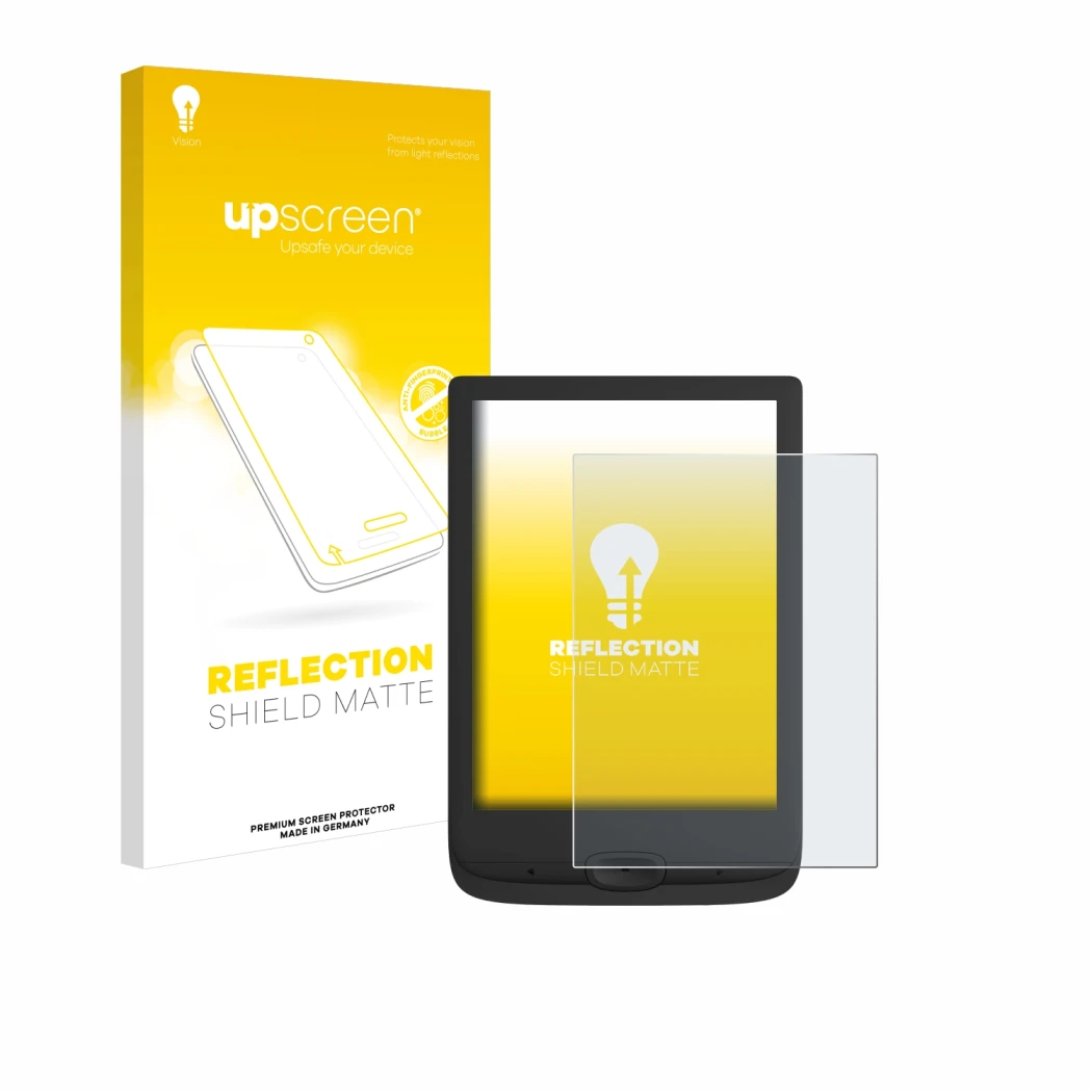 Face avant d’un emballage produit avec le logo de la marque upscreen. À côté, l’appareil PocketBook Basic Lux 4 est représenté