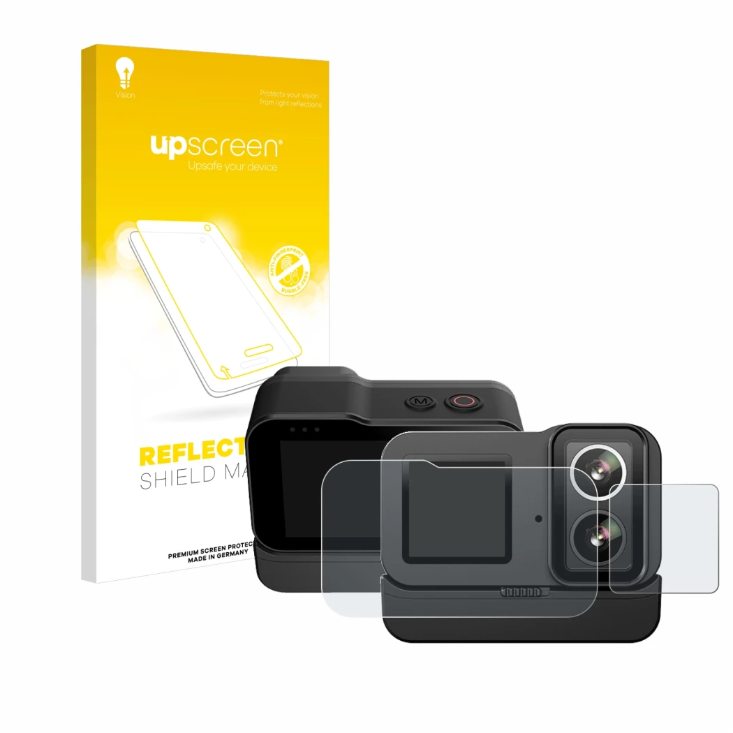 Face avant d’un emballage produit avec le logo de la marque upscreen. À côté, l’appareil SJCAM SJ20 Dual Lens est représenté a