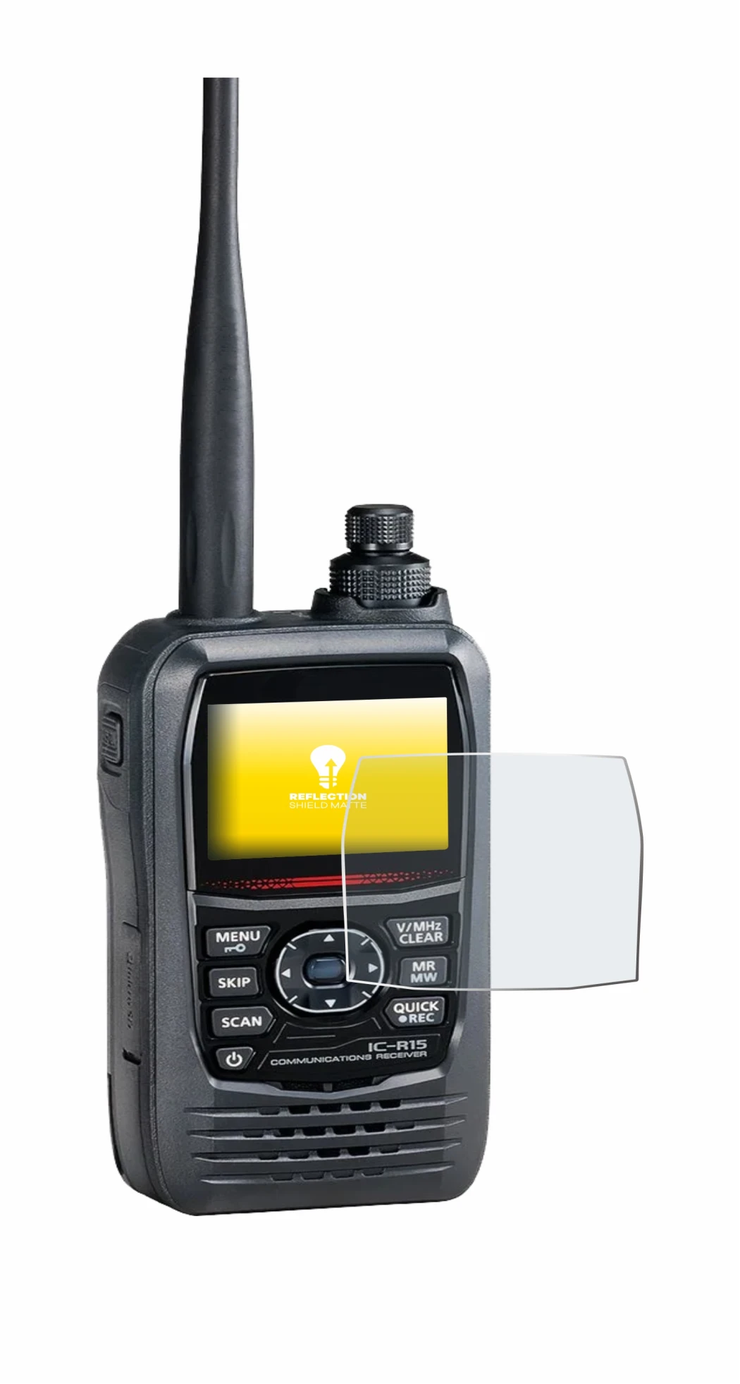 Image de l'appareil Icom IC-R15 avec une grande variété de protections d'écran.