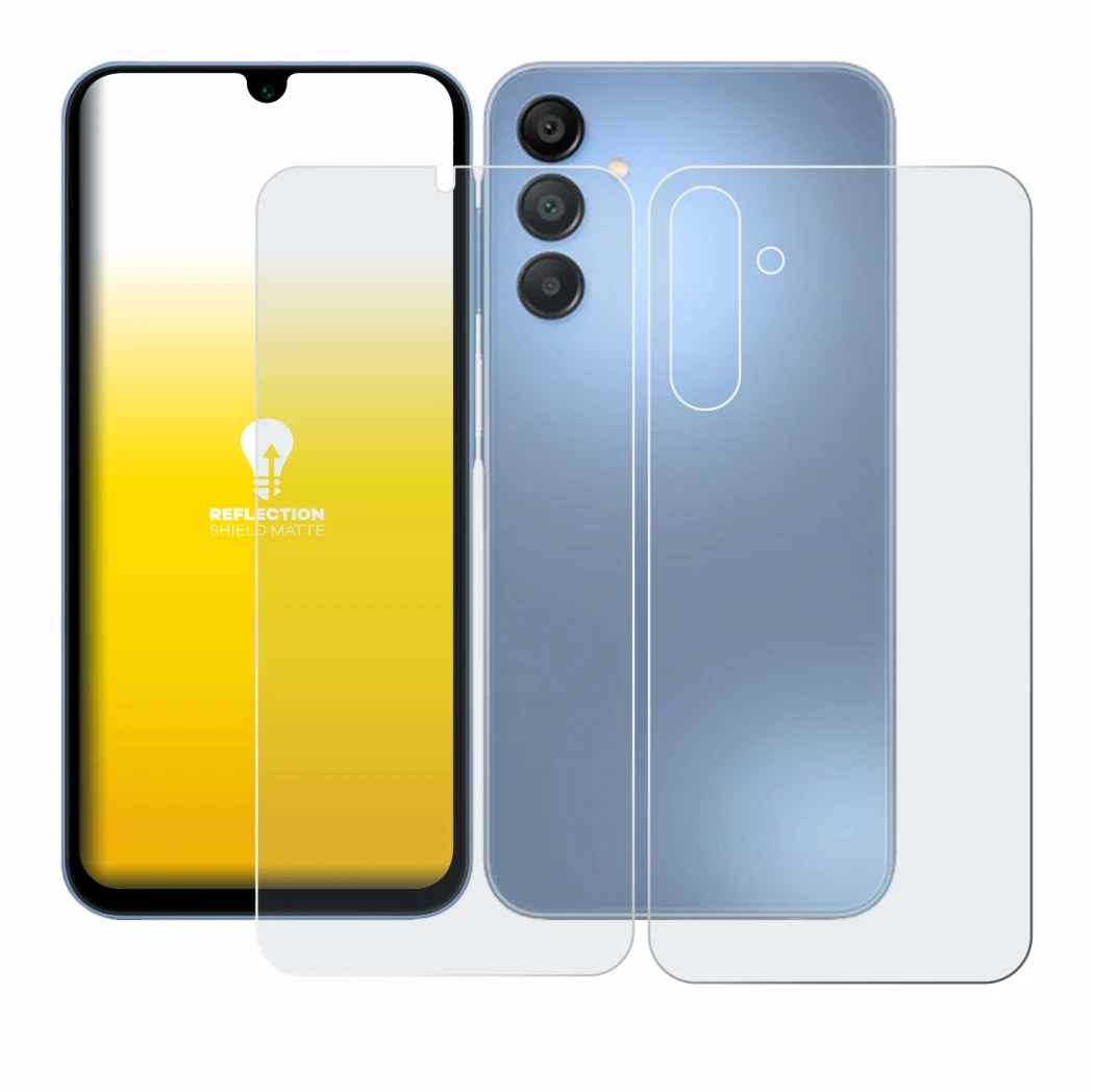 Image de l'appareil Samsung Galaxy A15 (Avant+Arrière) avec une grande variété de protections d'écran.