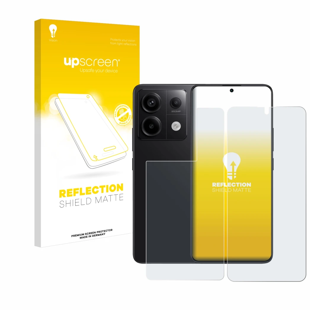 Face avant d’un emballage produit avec le logo de la marque upscreen. À côté, l’appareil Xiaomi Redmi Note 13 Pro 5G (Avant+Ar