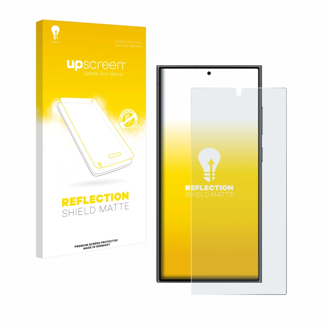 Face avant d’un emballage produit avec le logo de la marque upscreen. À côté, l’appareil Samsung Galaxy S24 Ultra est représen