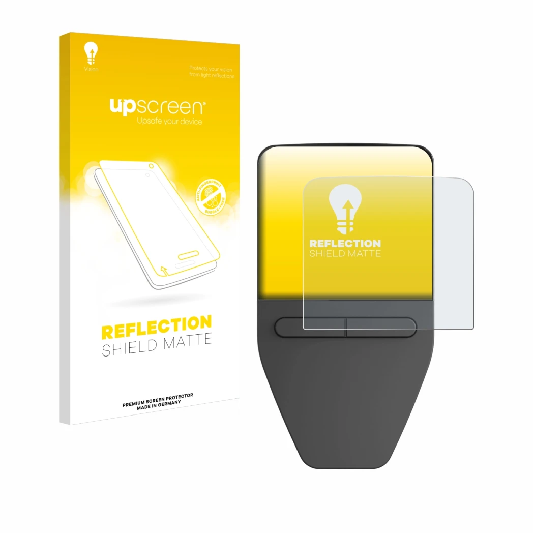 Face avant d’un emballage produit avec le logo de la marque upscreen. À côté, l’appareil Trezor Safe 3 est représenté avec la 