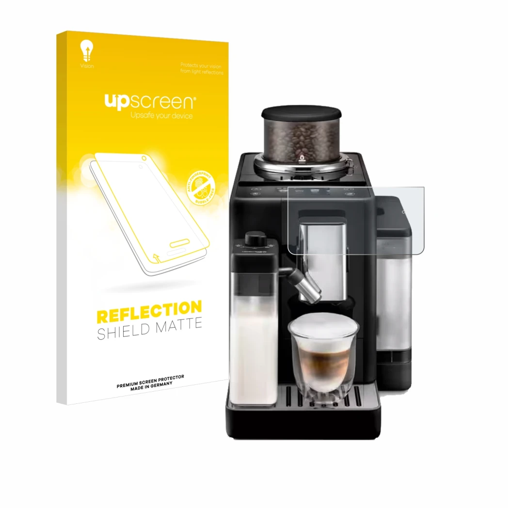 Face avant d’un emballage produit avec le logo de la marque upscreen. À côté, l’appareil DeLonghi Rivelia est représenté avec