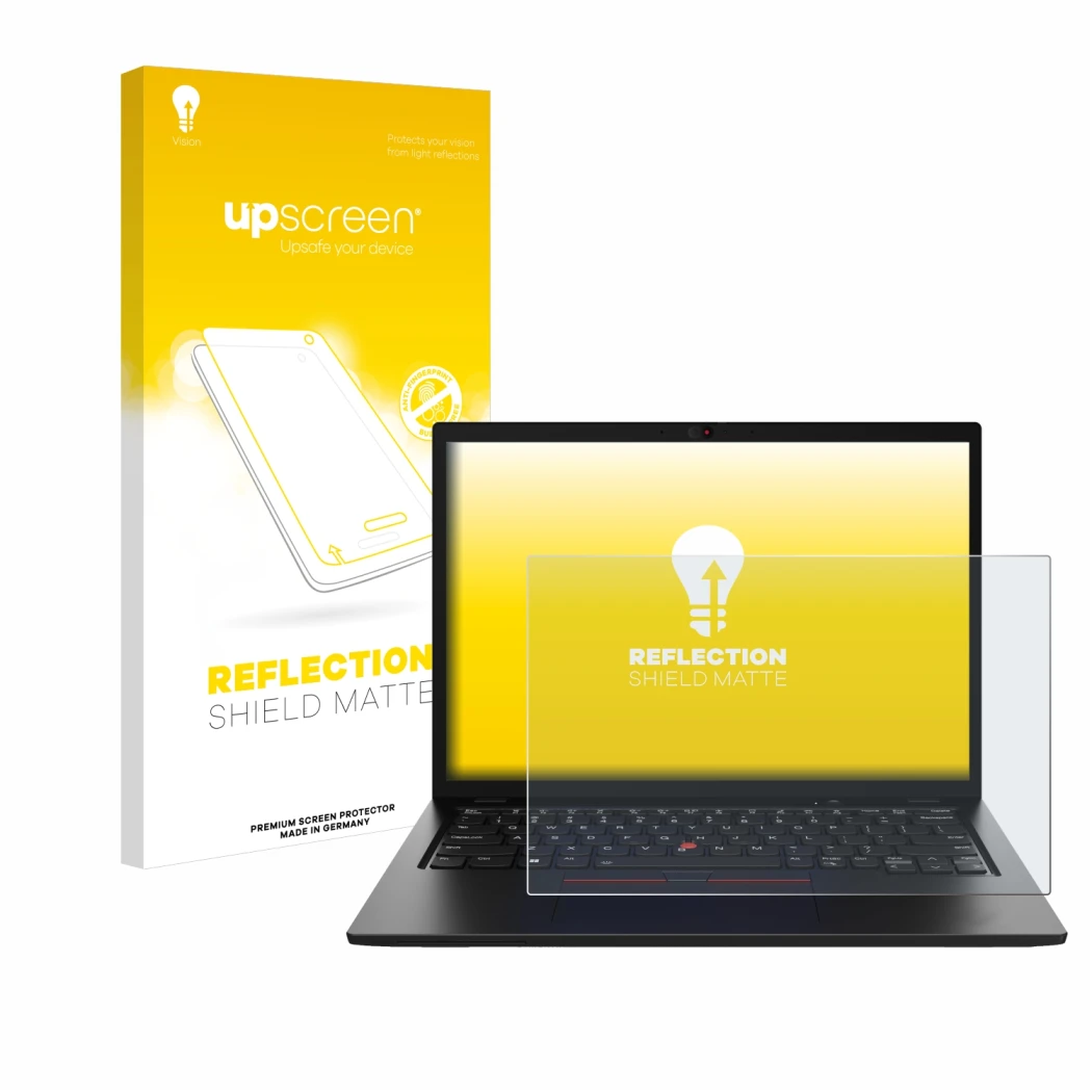 Face avant d’un emballage produit avec le logo de la marque upscreen. À côté, l’appareil Lenovo ThinkPad L13 Gen 4 Non-Touch e