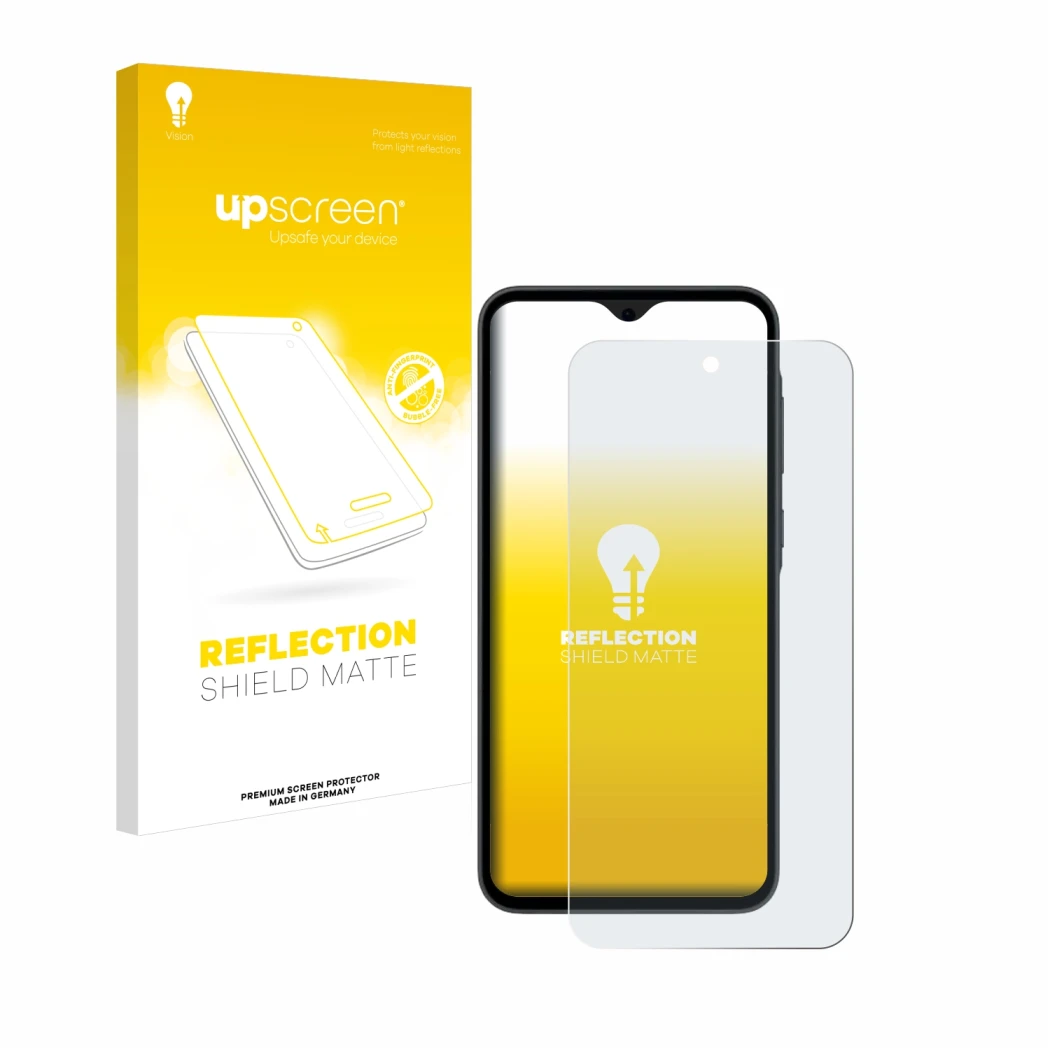 Face avant d’un emballage produit avec le logo de la marque upscreen. À côté, l’appareil Samsung Galaxy A35 5G est représenté