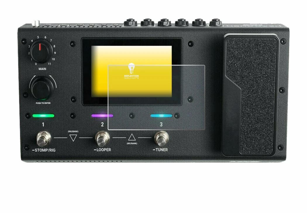 Image de l'appareil Headrush MX5 avec une grande variété de protections d'écran.