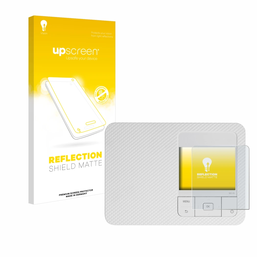 Face avant d’un emballage produit avec le logo de la marque upscreen. À côté, l’appareil Canon Selphy CP1500 est représenté av