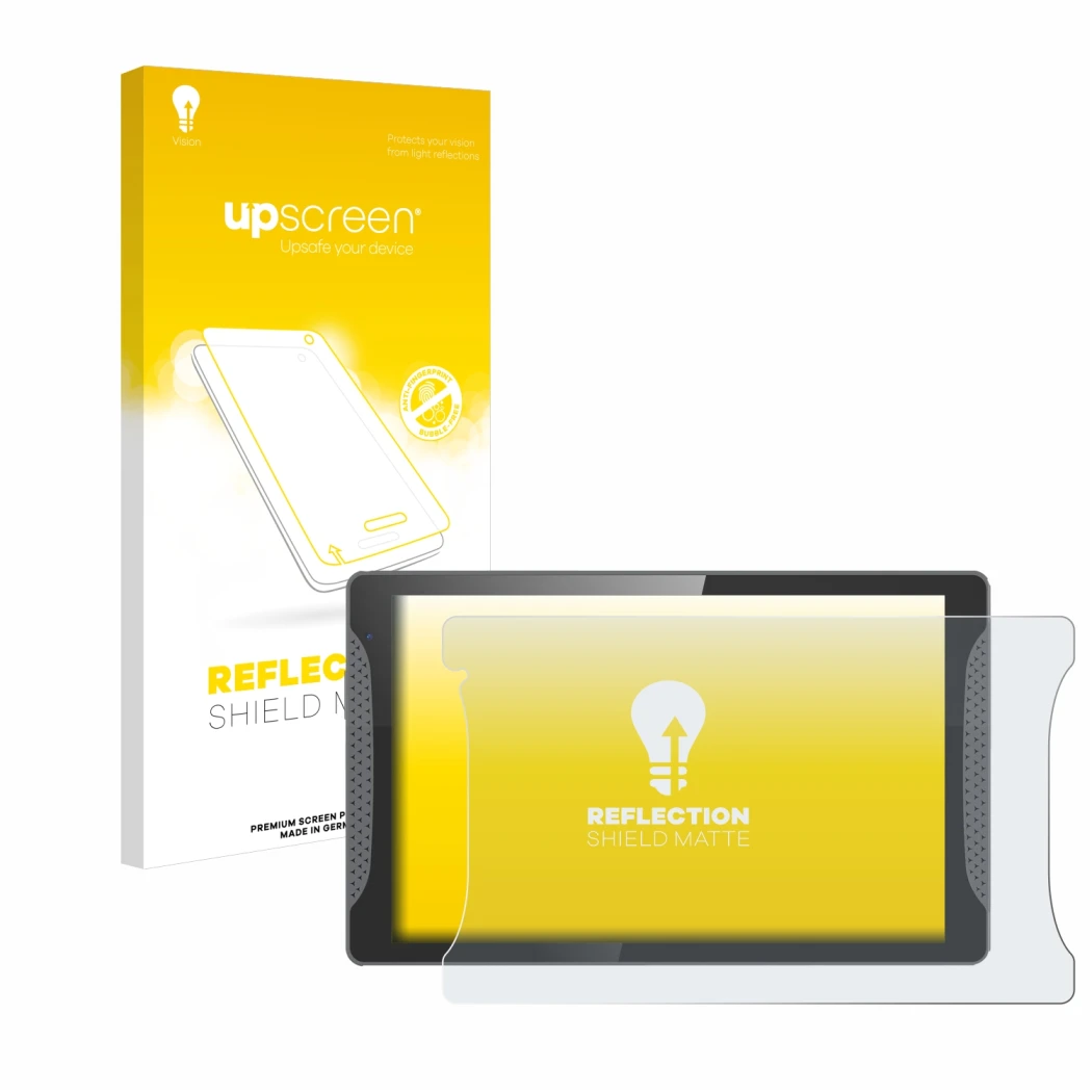 Face avant d’un emballage produit avec le logo de la marque upscreen. À côté, l’appareil Logicom Multimedia Stand Pro est repr