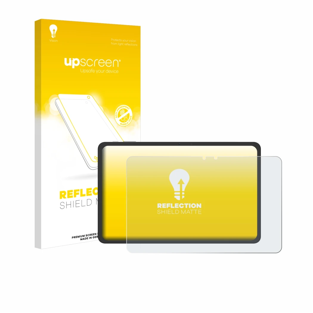 Face avant d’un emballage produit avec le logo de la marque upscreen. À côté, l’appareil VALE V12E-LTE-8128 est représenté ave