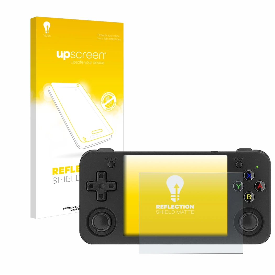 Face avant d’un emballage produit avec le logo de la marque upscreen. À côté, l’appareil Anbernic RG35XX H est représenté avec