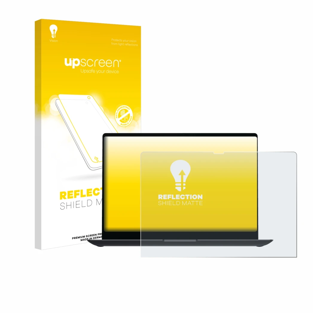 Face avant d’un emballage produit avec le logo de la marque upscreen. À côté, l’appareil Samsung Galaxy Book4 Ultra 16