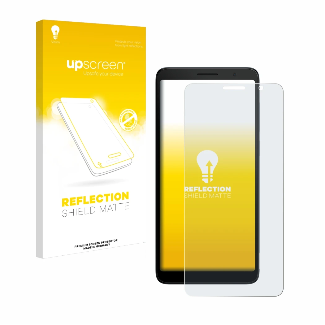 Face avant d’un emballage produit avec le logo de la marque upscreen. À côté, l’appareil TCL 501 est représenté avec la protec
