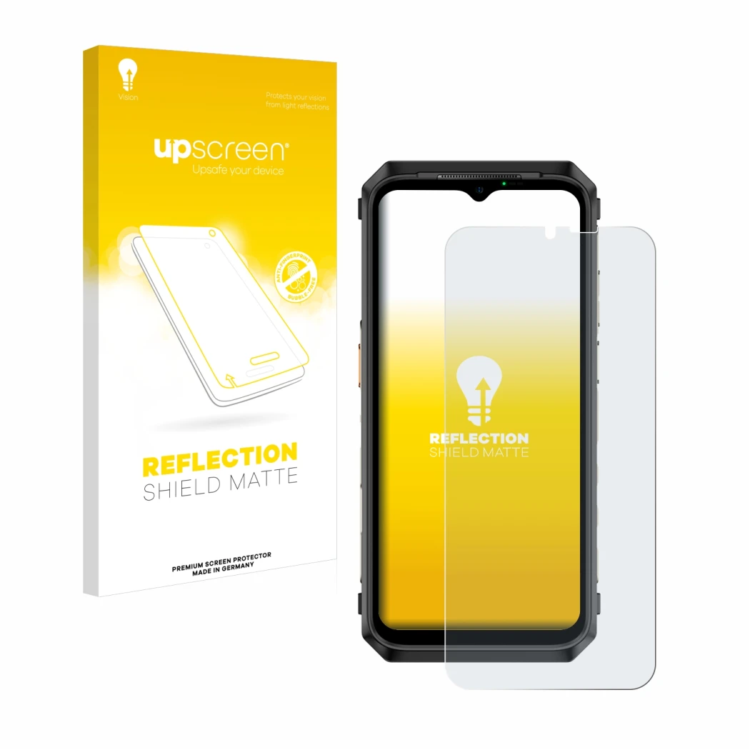 Face avant d’un emballage produit avec le logo de la marque upscreen. À côté, l’appareil Ulefone Power Armor 18 est représenté
