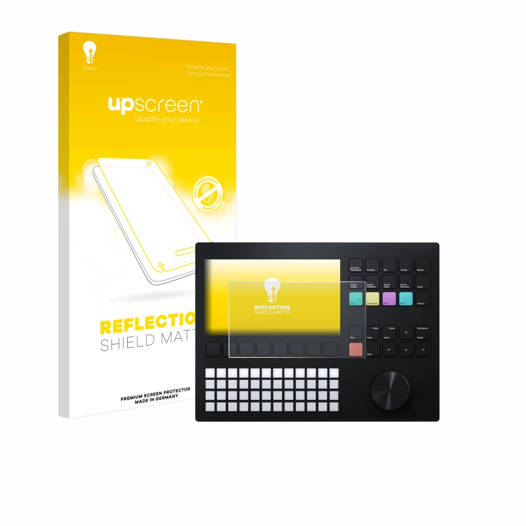 Face avant d’un emballage produit avec le logo de la marque upscreen. À côté, l’appareil Polyend Tracker est représenté avec l