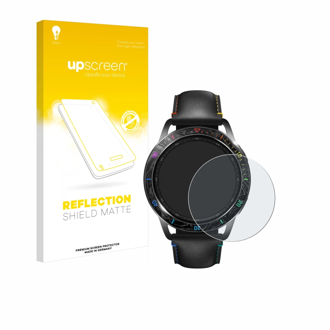 Face avant d’un emballage produit avec le logo de la marque upscreen. À côté, l’appareil Xiaomi Watch S3 est représenté avec l