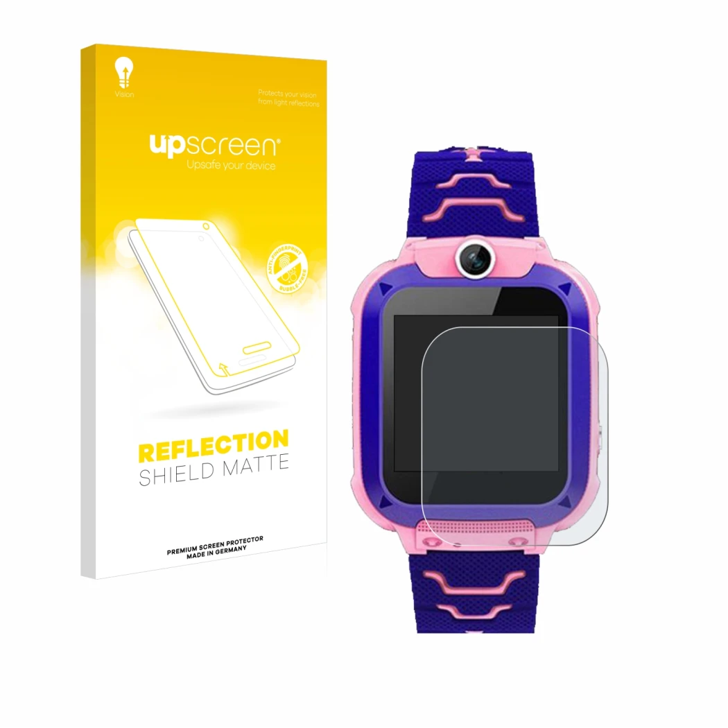 Face avant d’un emballage produit avec le logo de la marque upscreen. À côté, l’appareil Bothergu Kids Smartwatch Q12 est repr