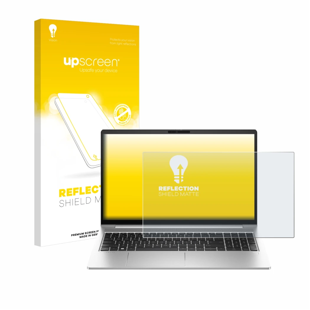 Face avant d’un emballage produit avec le logo de la marque upscreen. À côté, l’appareil HP EliteBook 640 G10 est représenté a
