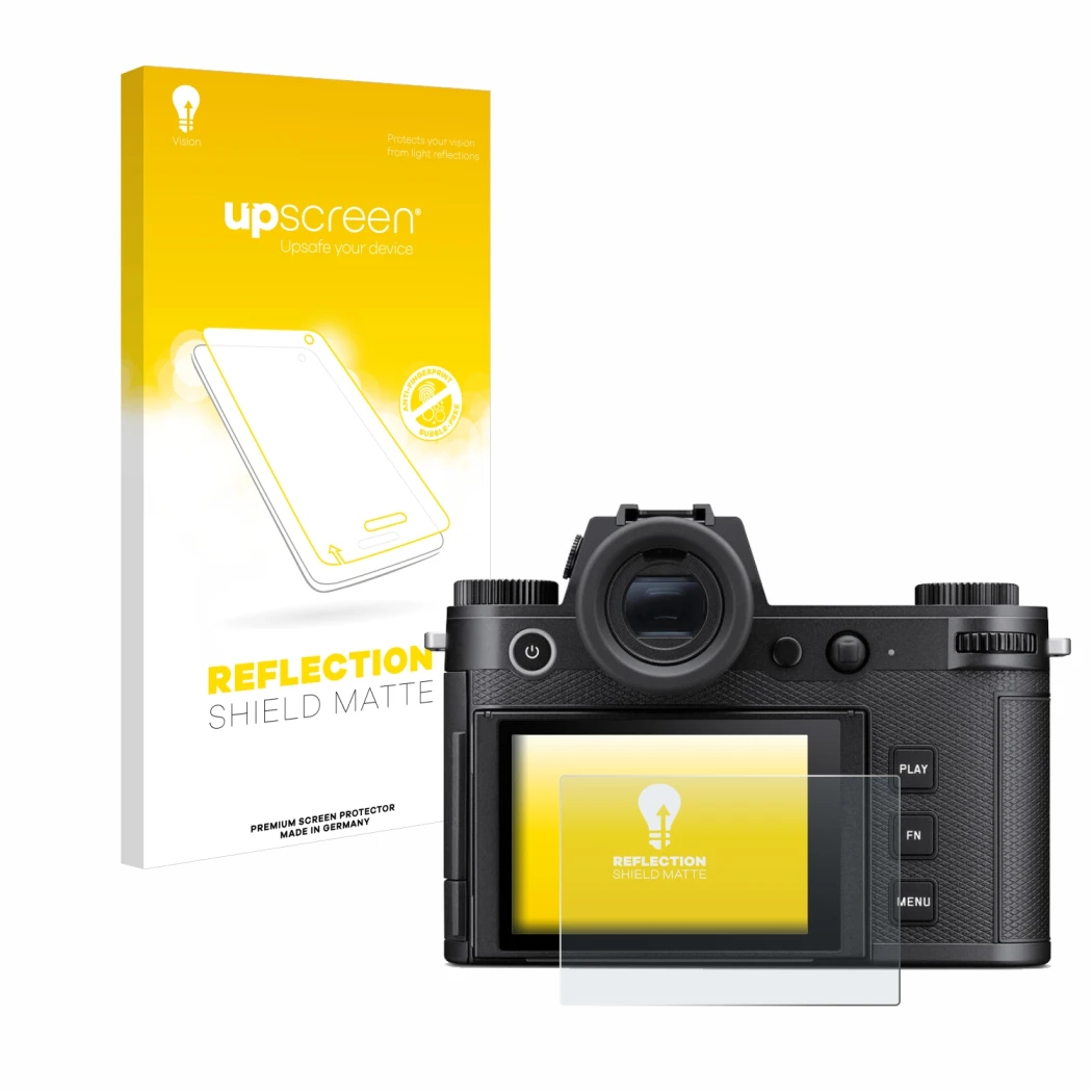 Face avant d’un emballage produit avec le logo de la marque upscreen. À côté, l’appareil Leica SL3 est représenté avec la prot