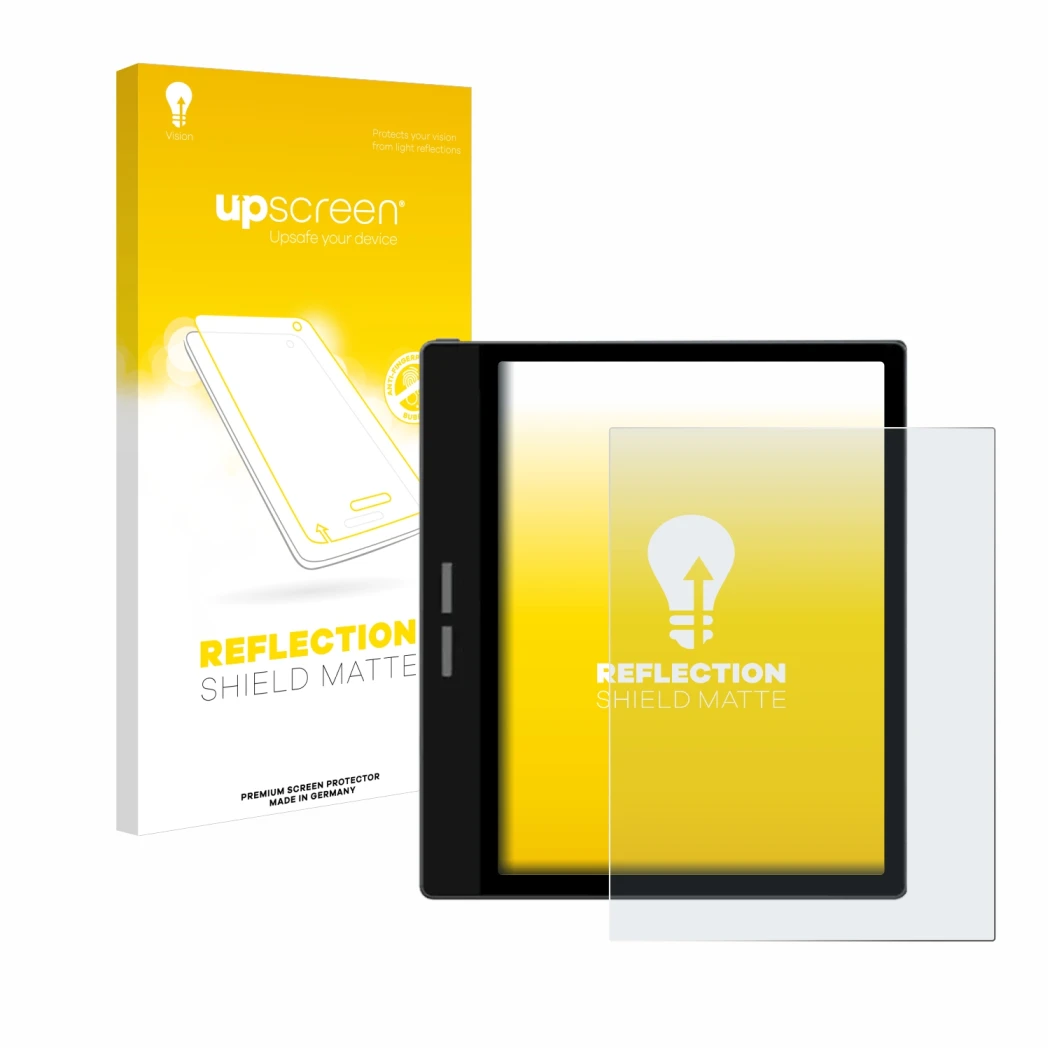 Face avant d’un emballage produit avec le logo de la marque upscreen. À côté, l’appareil Bigme B751C est représenté avec la pr