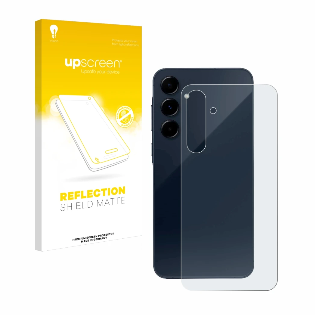 Face avant d’un emballage produit avec le logo de la marque upscreen. À côté, l’appareil Samsung Galaxy A35 5G (Arrière) est r