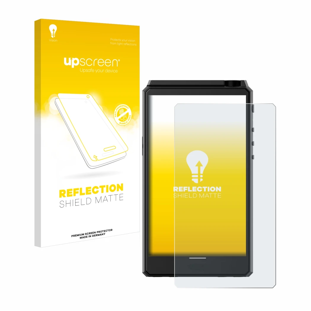 Face avant d’un emballage produit avec le logo de la marque upscreen. À côté, l’appareil Hiby R6 III est représenté avec la pr