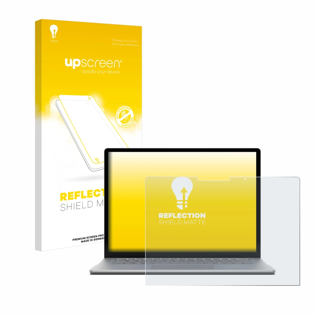 Face avant d’un emballage produit avec le logo de la marque upscreen. À côté, l’appareil Microsoft Surface Laptop 6 13.5