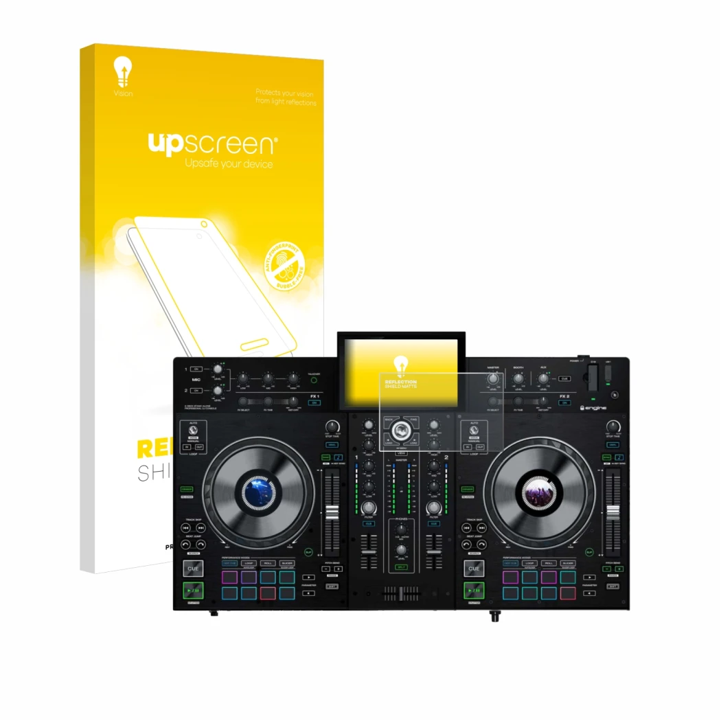 Face avant d’un emballage produit avec le logo de la marque upscreen. À côté, l’appareil Denon DJ Prime 2 est représenté avec