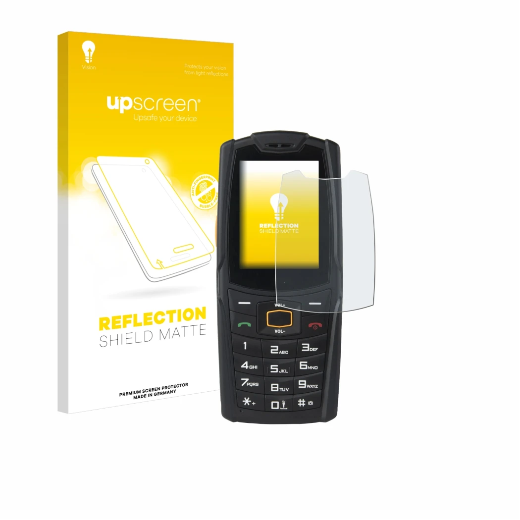 Face avant d’un emballage produit avec le logo de la marque upscreen. À côté, l’appareil AGM M6 est représenté avec la protect