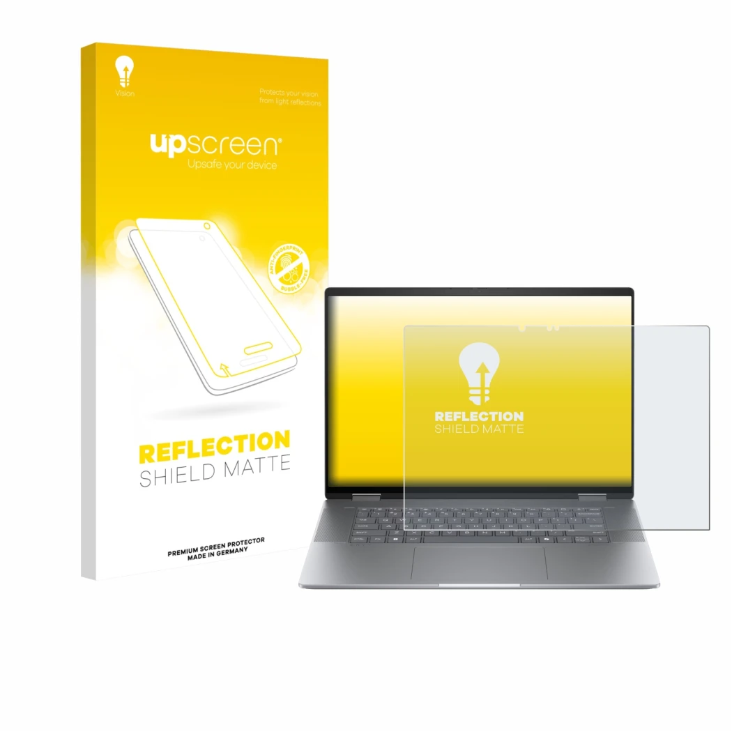 Face avant d’un emballage produit avec le logo de la marque upscreen. À côté, l’appareil HP Envy x360 2-in-1 16 est représenté