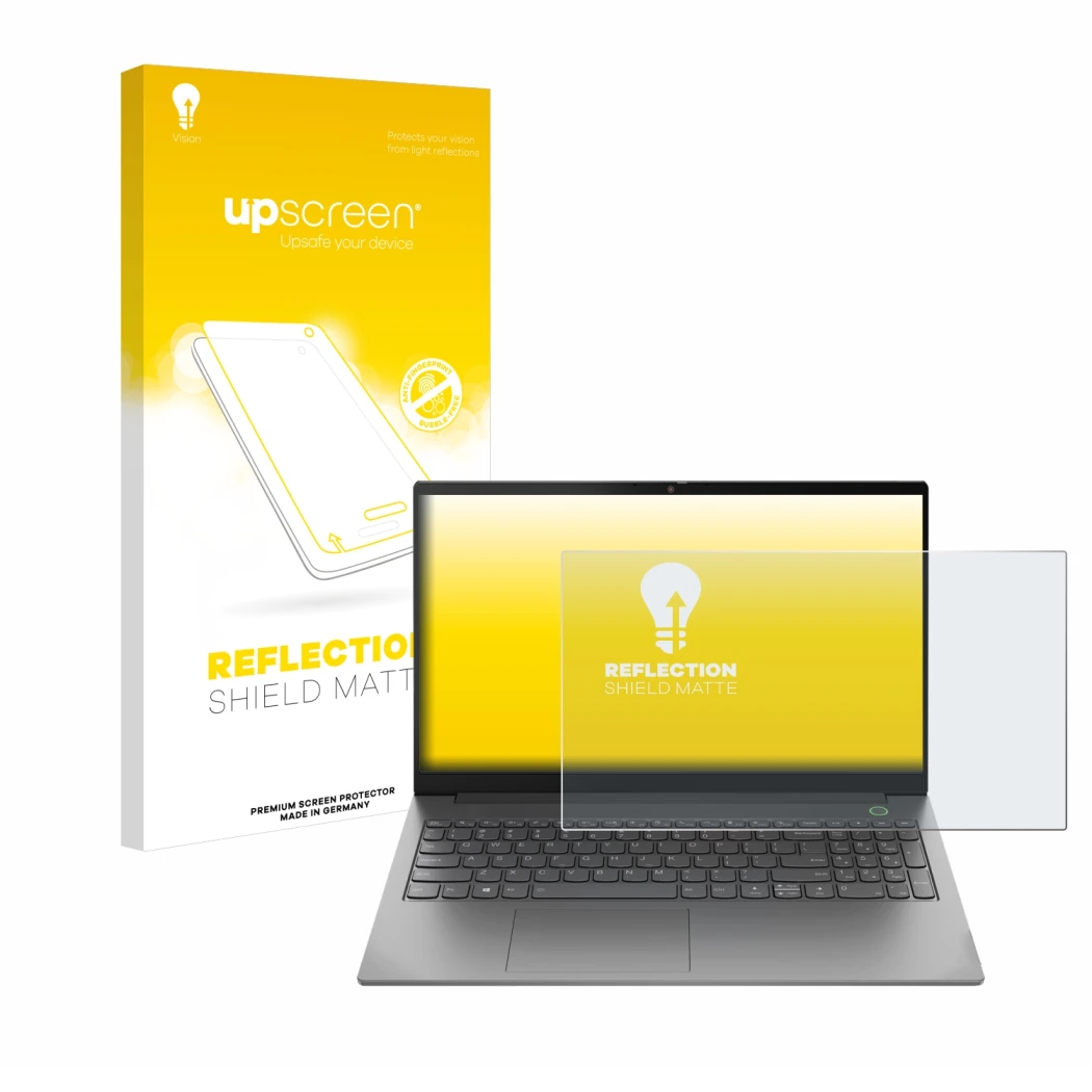 Face avant d’un emballage produit avec le logo de la marque upscreen. À côté, l’appareil Lenovo ThinkBook 15 Gen 4 est représe