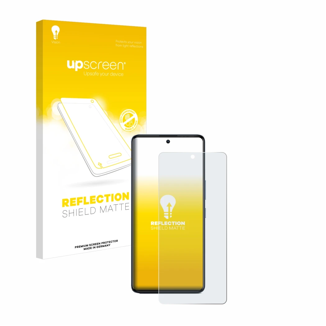 Face avant d’un emballage produit avec le logo de la marque upscreen. À côté, l’appareil Infinix GT 20 Pro est représenté avec