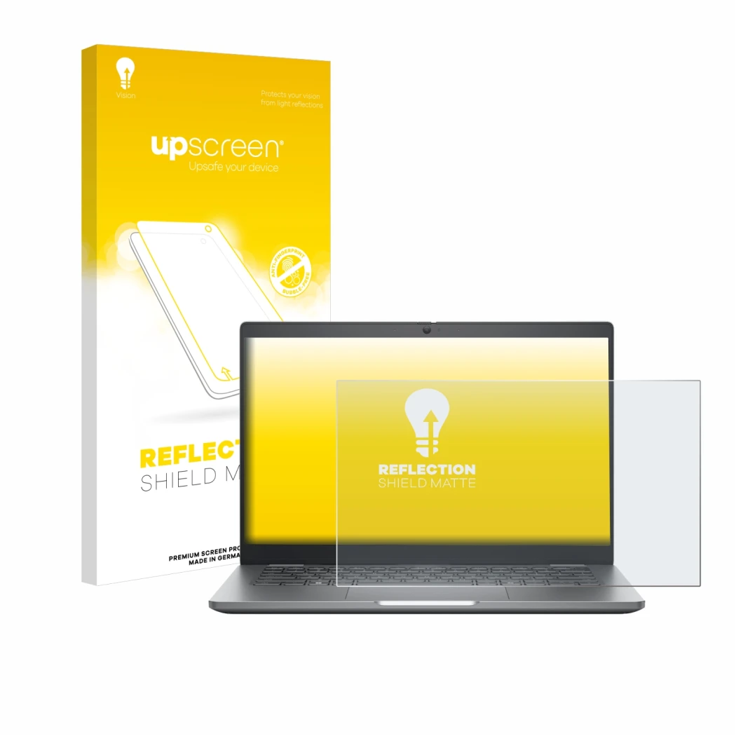 Face avant d’un emballage produit avec le logo de la marque upscreen. À côté, l’appareil Dell Latitude 5350 Laptop est représe