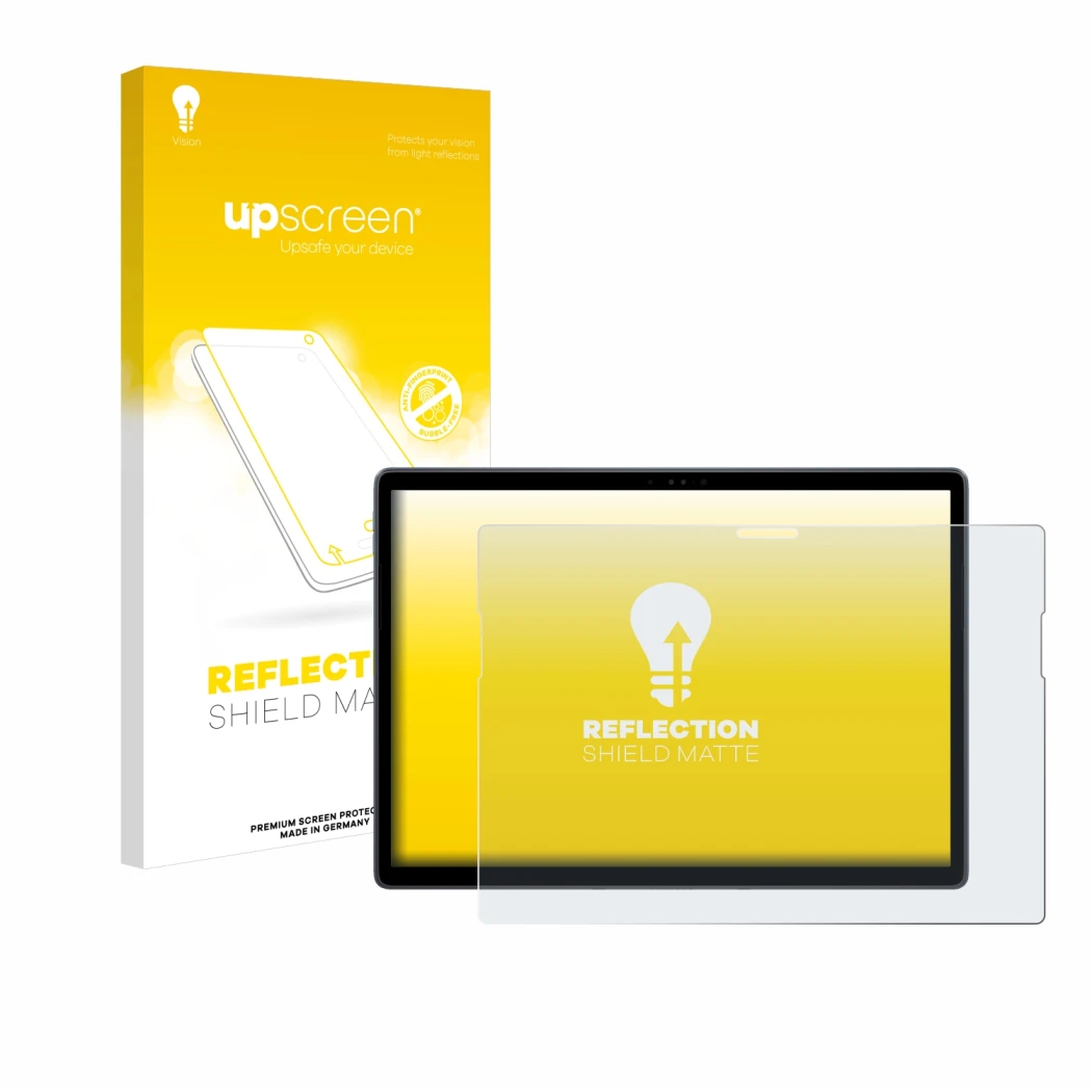 Face avant d’un emballage produit avec le logo de la marque upscreen. À côté, l’appareil Dell Latitude 7350 Detachable est rep