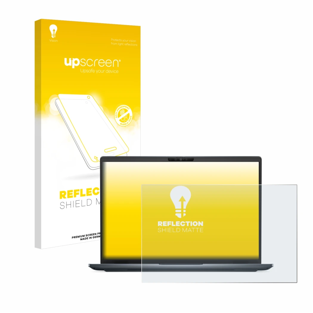 Face avant d’un emballage produit avec le logo de la marque upscreen. À côté, l’appareil Dell Latitude 7450 Laptop est représe