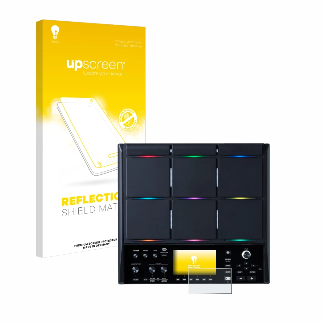 Face avant d’un emballage produit avec le logo de la marque upscreen. À côté, l’appareil Roland SPD-SX PRO est représenté avec