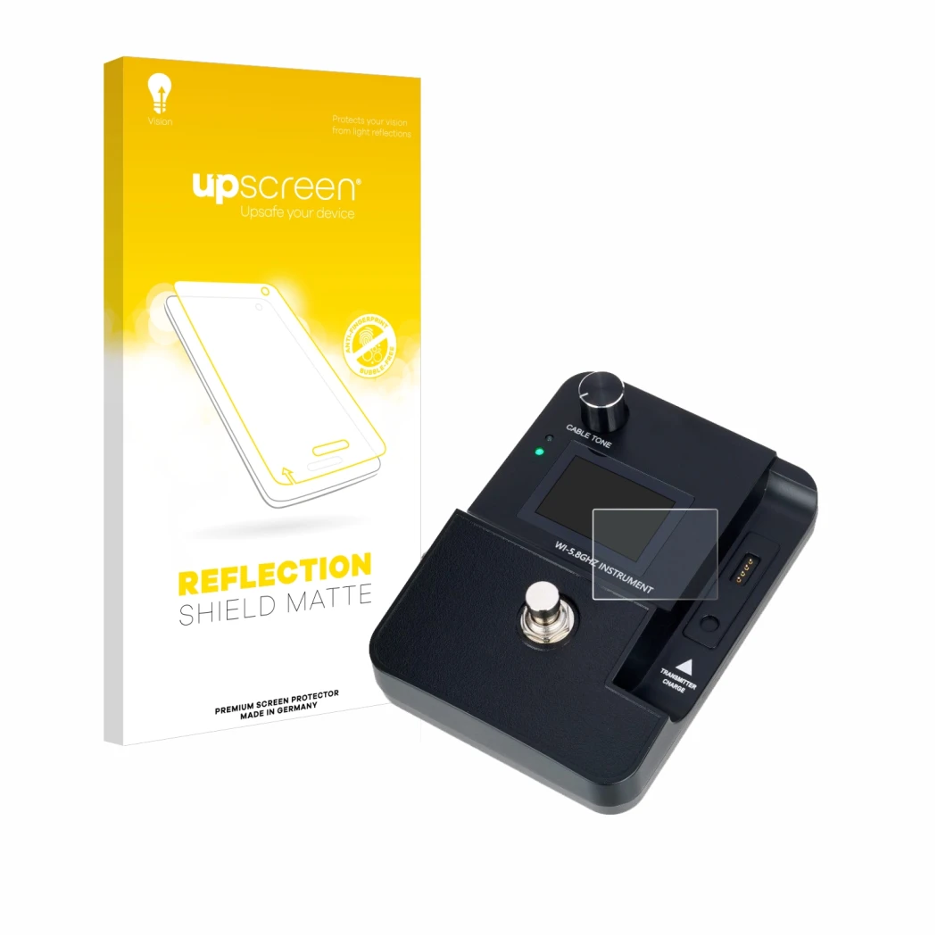 Face avant d’un emballage produit avec le logo de la marque upscreen. À côté, l’appareil Harley Benton AirBorne Pro 5.8Ghz est