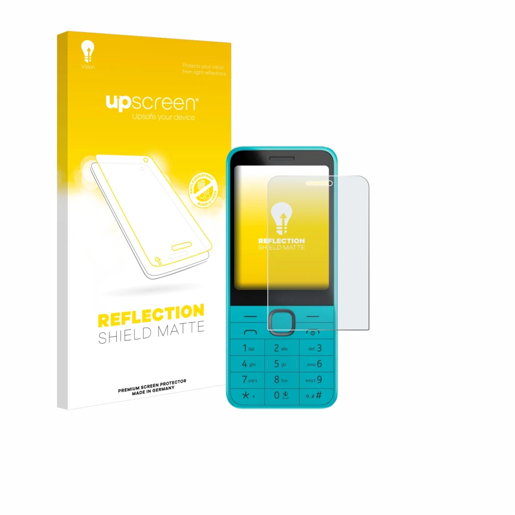 Face avant d’un emballage produit avec le logo de la marque upscreen. À côté, l’appareil Nokia 235 4G (2024) est représenté av