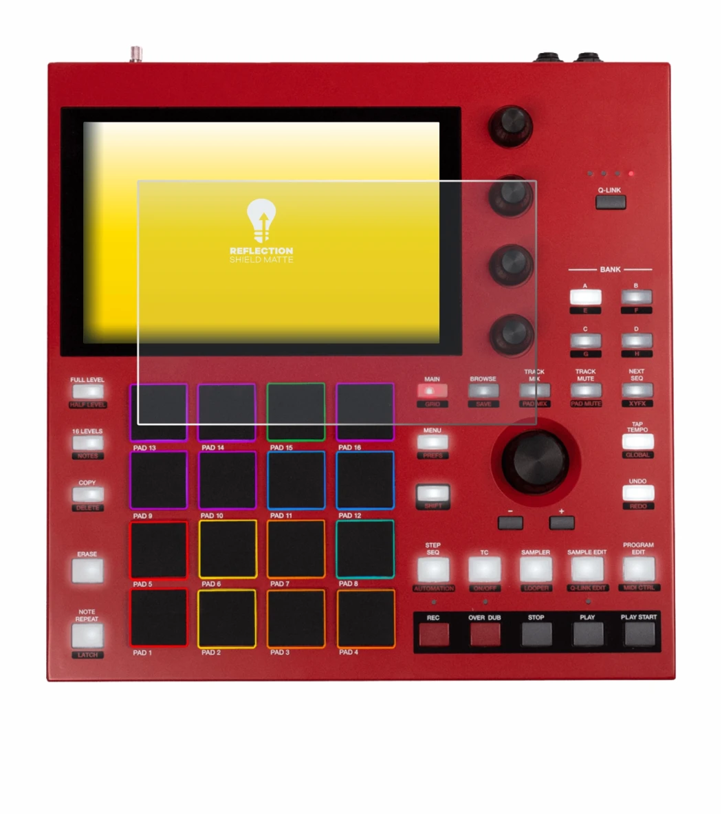 Image de l'appareil Akai MPC One+ avec une grande variété de protections d'écran.