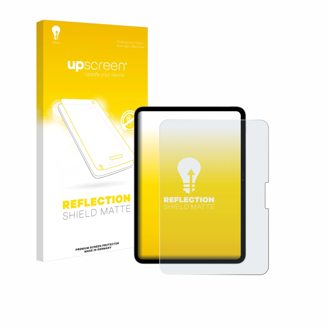 Face avant d’un emballage produit avec le logo de la marque upscreen. À côté, l’appareil Apple iPad Pro 11