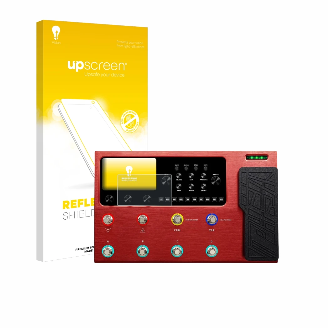 Face avant d’un emballage produit avec le logo de la marque upscreen. À côté, l’appareil Valeton GP-200R est représenté avec l
