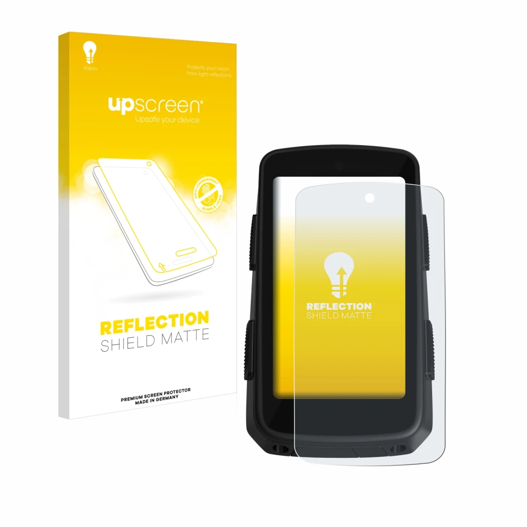 Face avant d’un emballage produit avec le logo de la marque upscreen. À côté, l’appareil Hammerhead Karoo 3 est représenté ave