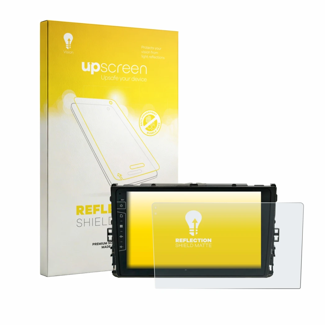Face avant d’un emballage produit avec le logo de la marque upscreen. À côté, l’appareil Dynavin D9-T6 est représenté avec la 