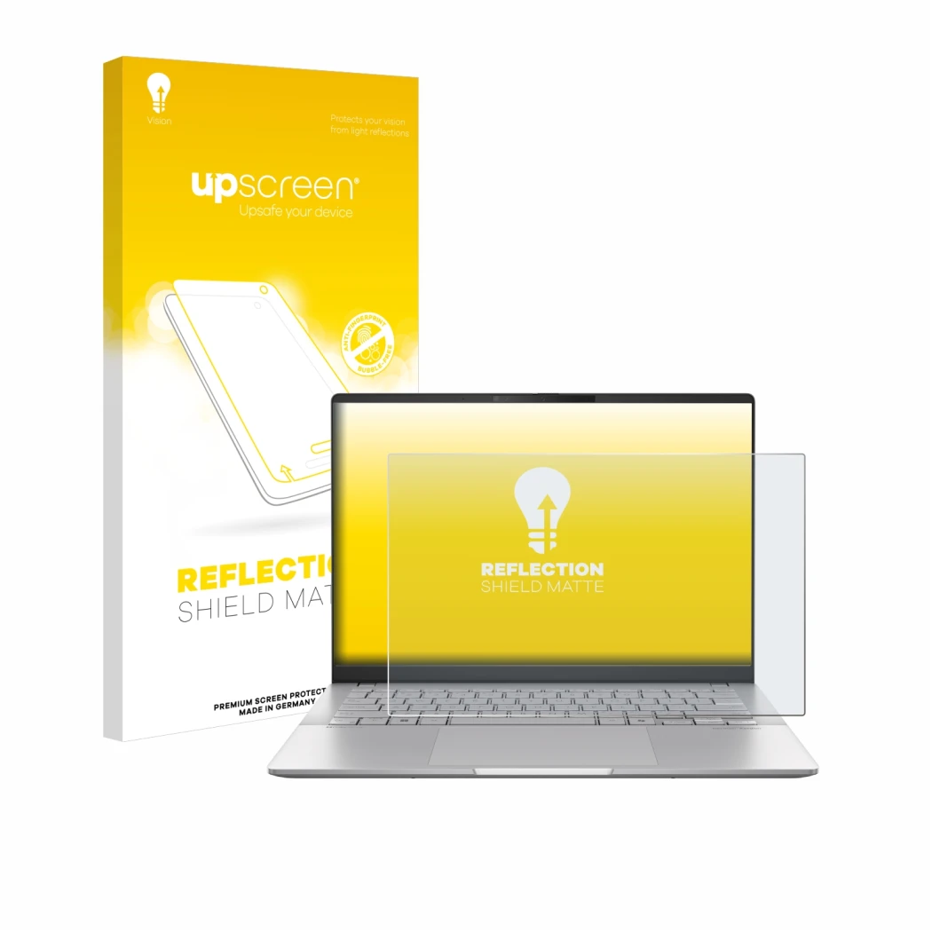 Face avant d’un emballage produit avec le logo de la marque upscreen. À côté, l’appareil ASUS Vivobook S 14 OLED M5406 est rep