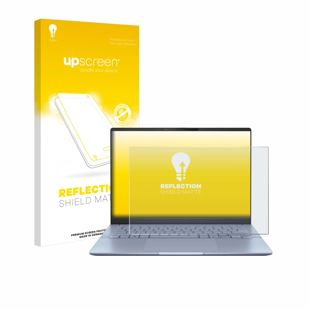 Face avant d’un emballage produit avec le logo de la marque upscreen. À côté, l’appareil ASUS Vivobook S 14 OLED S5406 est rep