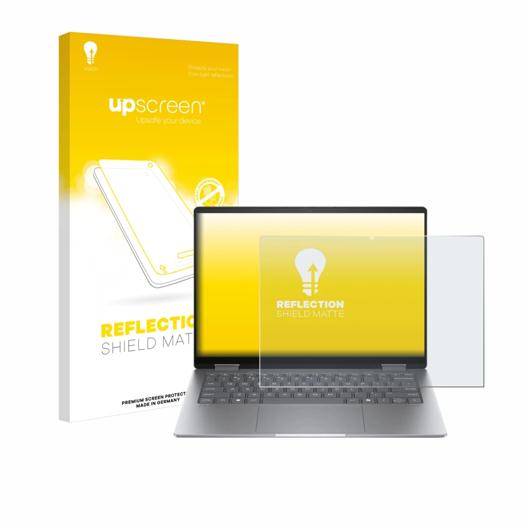 Face avant d’un emballage produit avec le logo de la marque upscreen. À côté, l’appareil HP Envy x360 14 2-in-1 est représenté