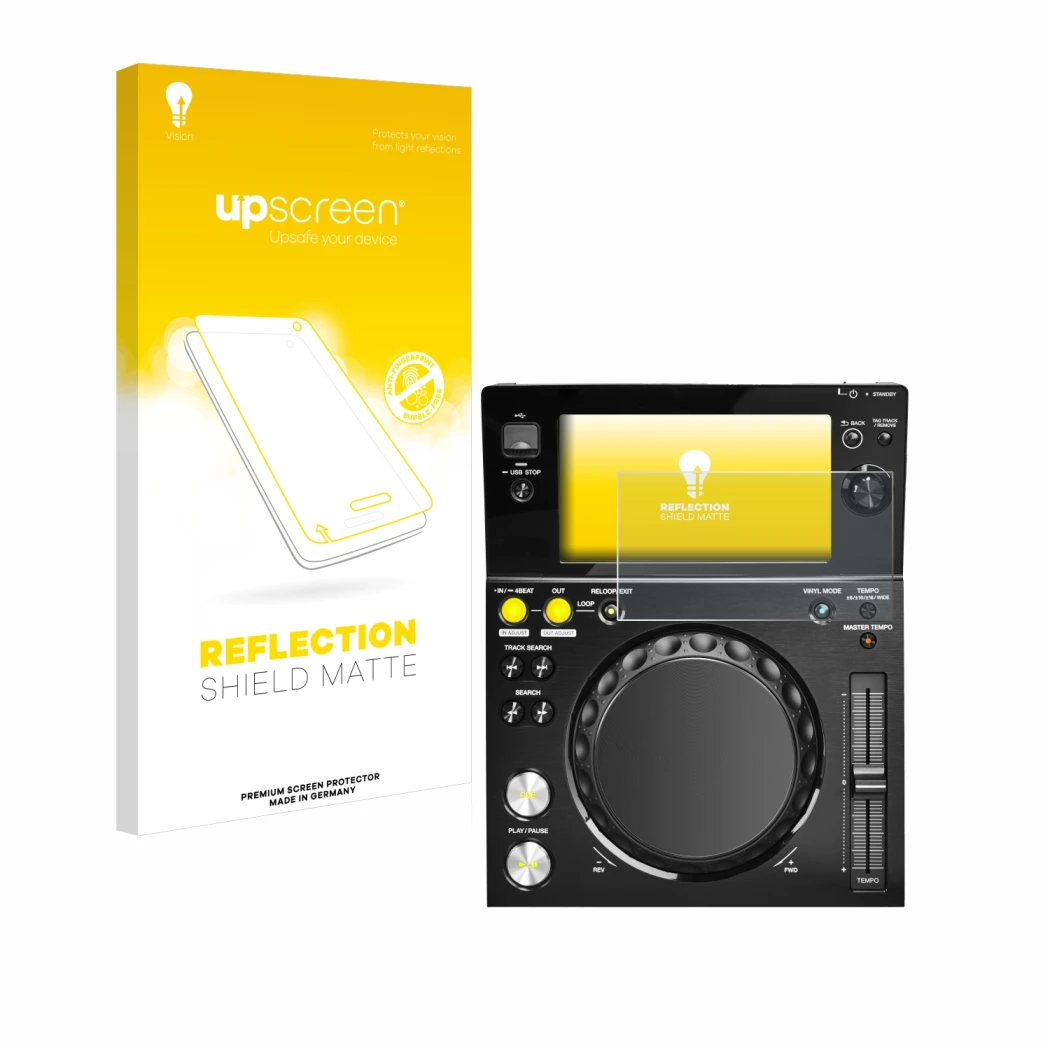 Face avant d’un emballage produit avec le logo de la marque upscreen. À côté, l’appareil Pioneer XDJ -700 est représenté avec