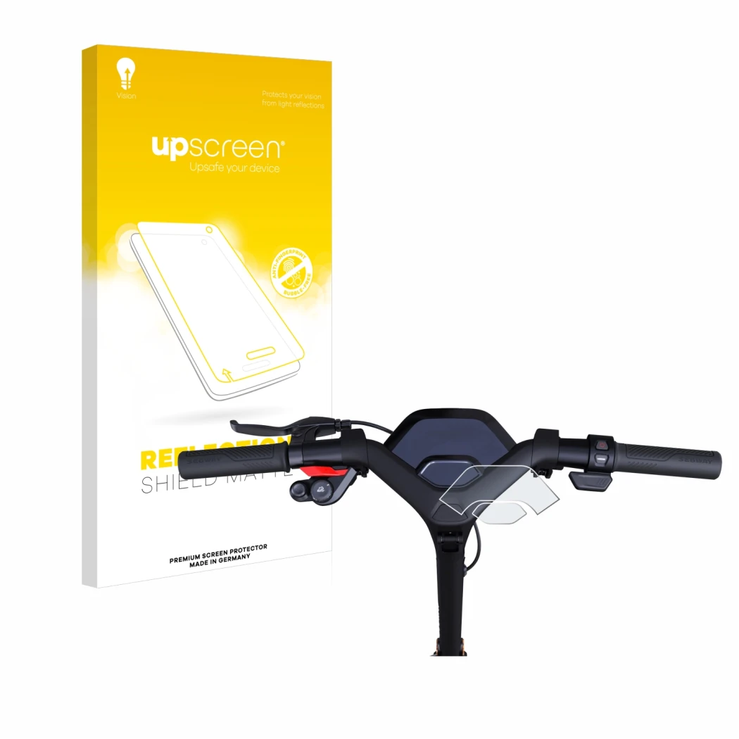 Face avant d’un emballage produit avec le logo de la marque upscreen. À côté, l’appareil Segway Ninebot P65D est représenté av