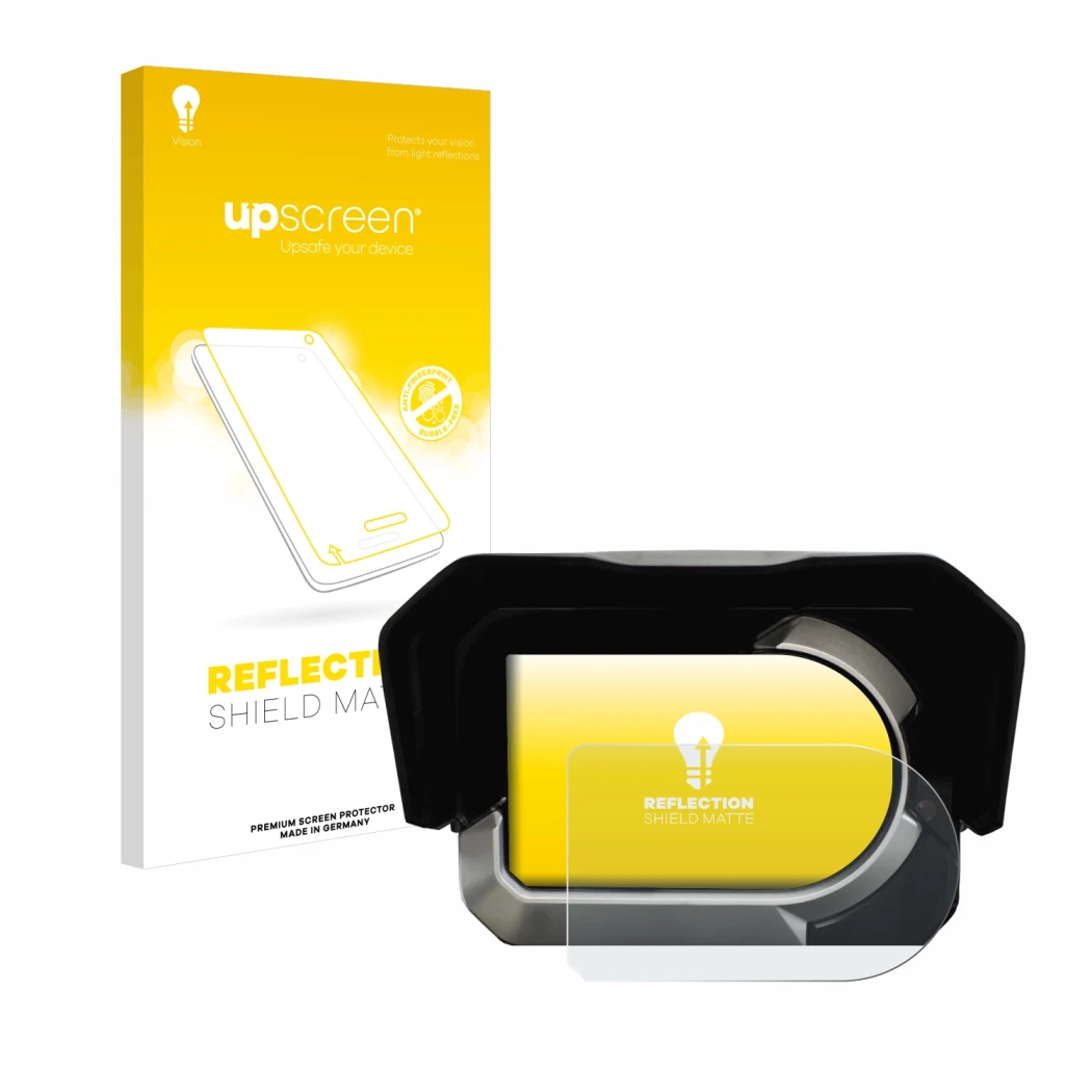 Face avant d’un emballage produit avec le logo de la marque upscreen. À côté, l’appareil Kymco CV3 est représenté avec la prot