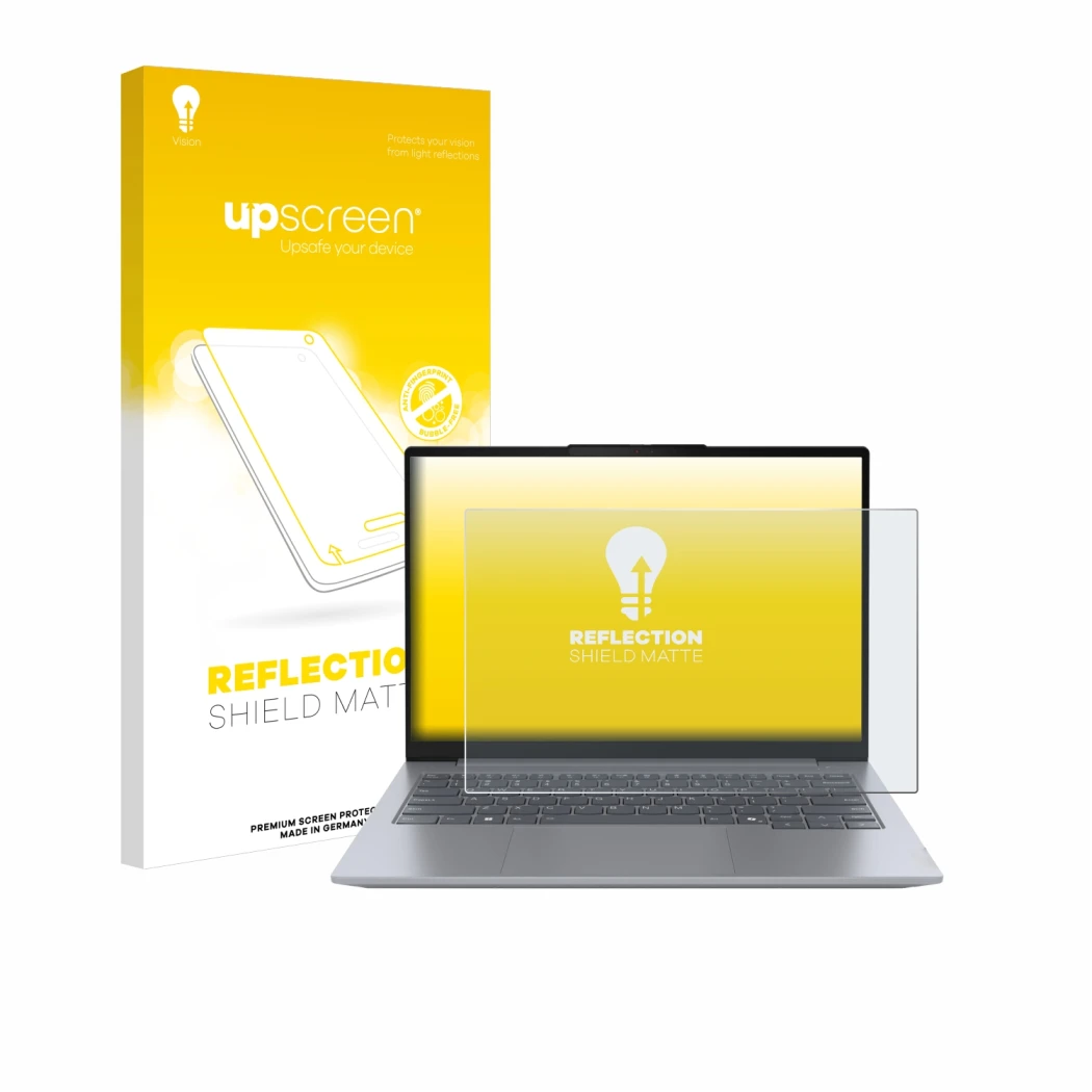 Face avant d’un emballage produit avec le logo de la marque upscreen. À côté, l’appareil Lenovo ThinkBook 14 Gen 7 est représe